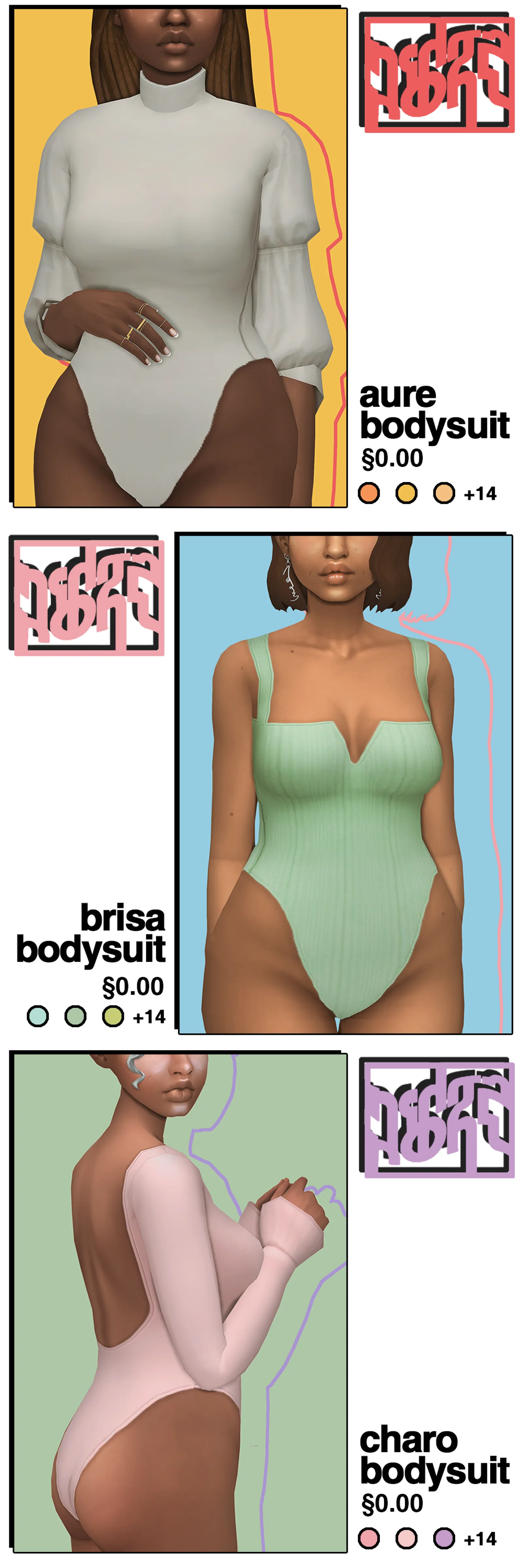 aure, brisa, & charo • a set of bodysuits